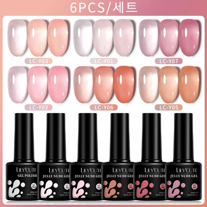 LILYCUTE - Juego de 6 esmaltes de uñas en gel semipermanentes translúcidos de color rosa gelatinoso y nude de 7 ml para manicura artística 