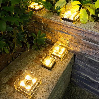 LQWELL - Lámpara solar de ladrillo, 4 unidades, 8 modos, decorativa, para exteriores, con adoquines de vidrio, iluminación para caminos, luz de piedra de hielo