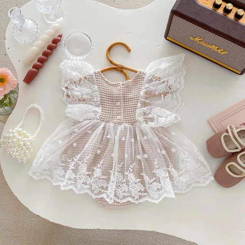 Lace Baby Girl Jumpsuit Waffle Summer Newborn Romper for Girls Clothes Birthday Party Infant Outfit Toddler Onesie Kids Clothing Leedoar