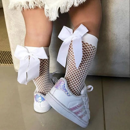 Lace Hollow Out Bow Socks Sweet Adorable Lovely Mesh Fishnet Girls Mid-Calf Long Socks Summer Kids Girls Hosiery Stockings Leedoar