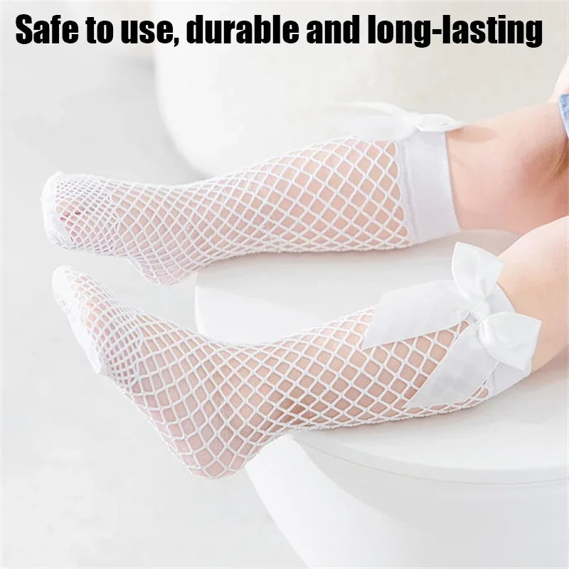 Lace Hollow Out Bow Socks Sweet Adorable Lovely Mesh Fishnet Girls Mid-Calf Long Socks Summer Kids Girls Hosiery Stockings Leedoar