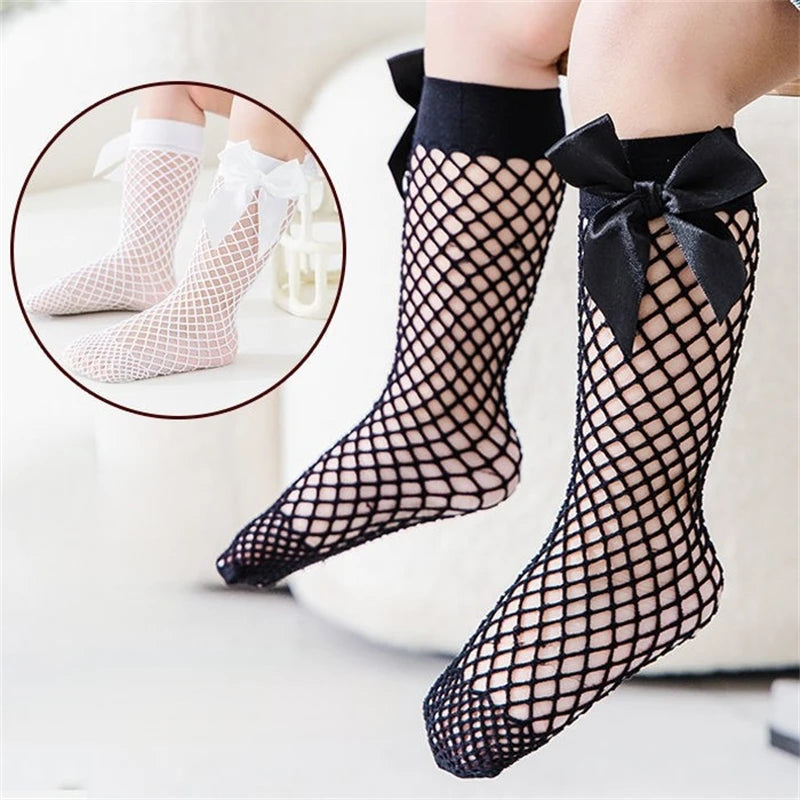 Lace Hollow Out Bow Socks Sweet Adorable Lovely Mesh Fishnet Girls Mid-Calf Long Socks Summer Kids Girls Hosiery Stockings Leedoar