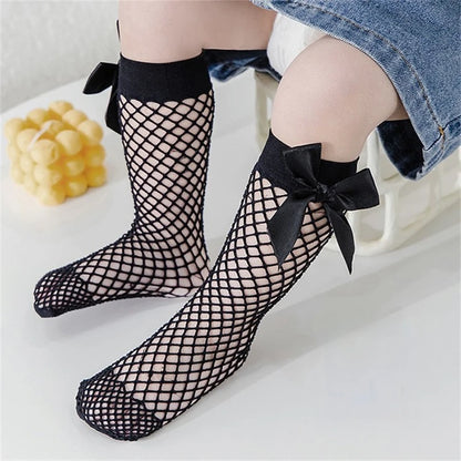 Lace Hollow Out Bow Socks Sweet Adorable Lovely Mesh Fishnet Girls Mid-Calf Long Socks Summer Kids Girls Hosiery Stockings Leedoar