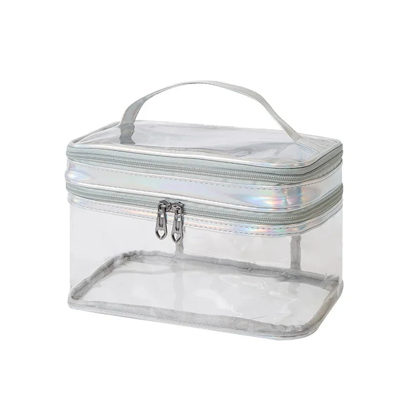 Large Capacity Women's Portable Travel Toiletry Bag Double Layer Transparent Handheld Makeup Storage Bag Waterproof PVC Square S