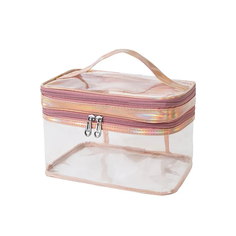 Large Capacity Women's Portable Travel Toiletry Bag Double Layer Transparent Handheld Makeup Storage Bag Waterproof PVC Square S