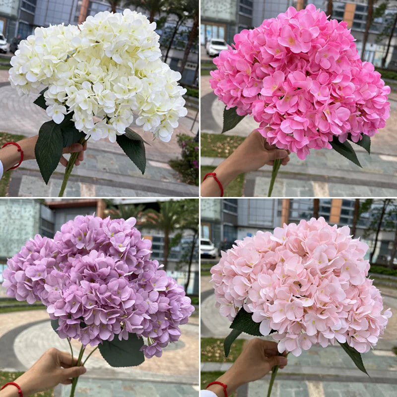 Large Size 5 Heads Artificial Flowers White Pink Hydrangea Silk DIY Wedding Bridal Bouquet Fake Flowers Home Party Decoration Leedoar