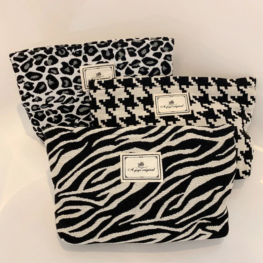 Grande bolsa de cosméticos de leopardo para mulheres, bolsa de maquiagem de lona com zíper espessante para celular, organizador de maquiagem para viagem e lavagem, estojo de beleza 