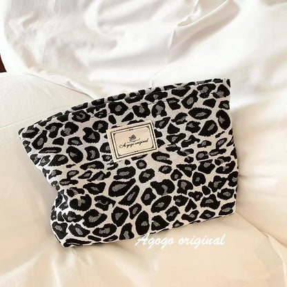 Grande bolsa de cosméticos de leopardo para mulheres, bolsa de maquiagem de lona com zíper espessante para celular, organizador de maquiagem para viagem e lavagem, estojo de beleza 