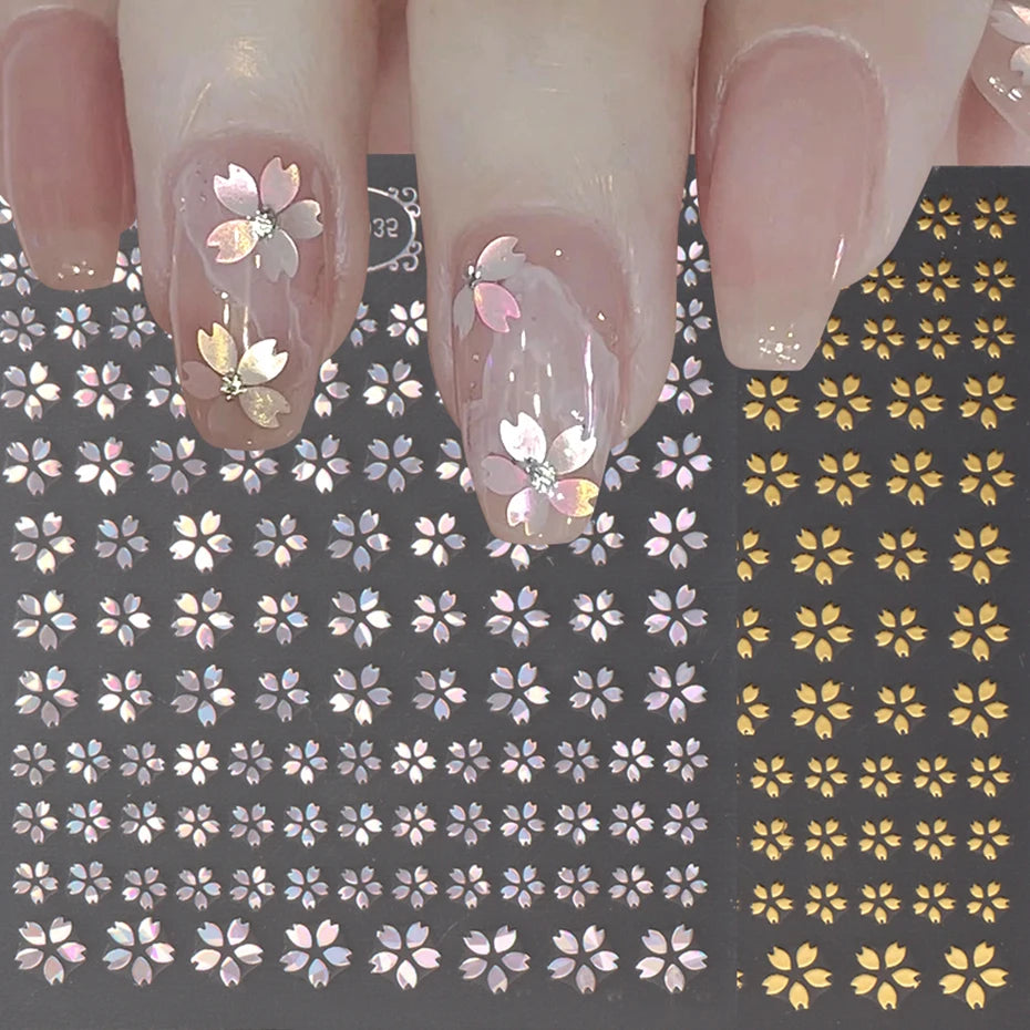 Laser Sakura Flower 3D Nail Sticker Holographic Foils Decals Snake Star Heart Adhesive Sliders Cherry Blossom Manicure Leedoar