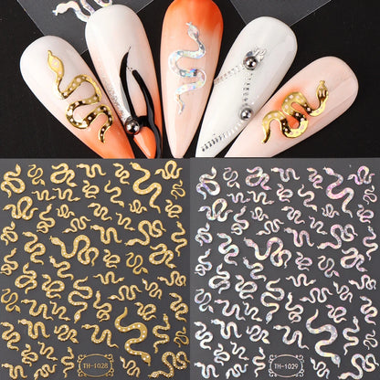 Laser Sakura Flower 3D Nail Sticker Holographic Foils Decals Snake Star Heart Adhesive Sliders Cherry Blossom Manicure Leedoar