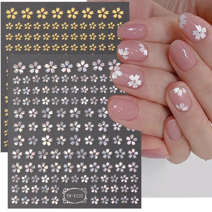 Laser Sakura Flower 3D Nail Sticker Holographic Foils Decals Snake Star Heart Adhesive Sliders Cherry Blossom Manicure Leedoar