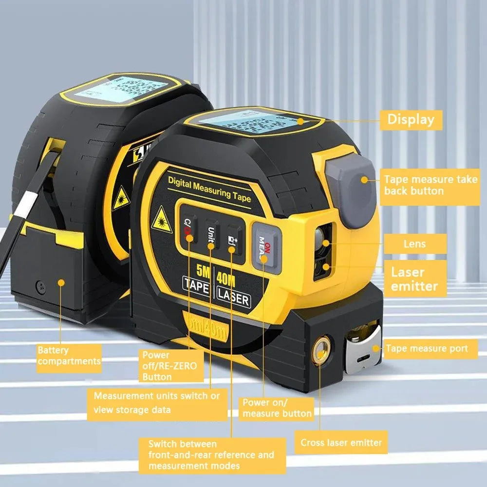 Laser Tape Measure 3 In 1 Digital Tape Measure Steel Tape Measure High Precision Laser Rangefinder Leedoar