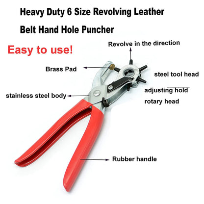 Leather Hole Punch,9" Belt Hole Puncher for Leather Heavy Duty, 6 Size Revolving Leather Belt Hand Hole Puncher Leedoar