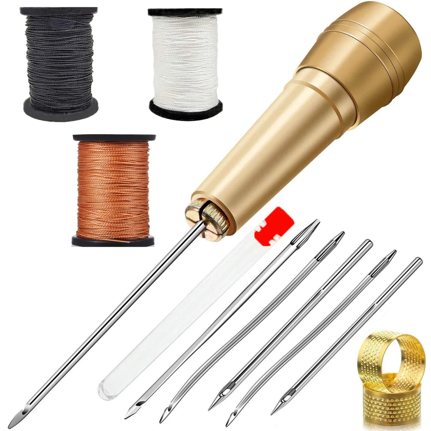 Leather Sewing Kit DIY Leather Sewing Awl Needle kit with Copper Handle Leather Shoes Repairing Tool w/ Black/Brown/White Thread Leedoar