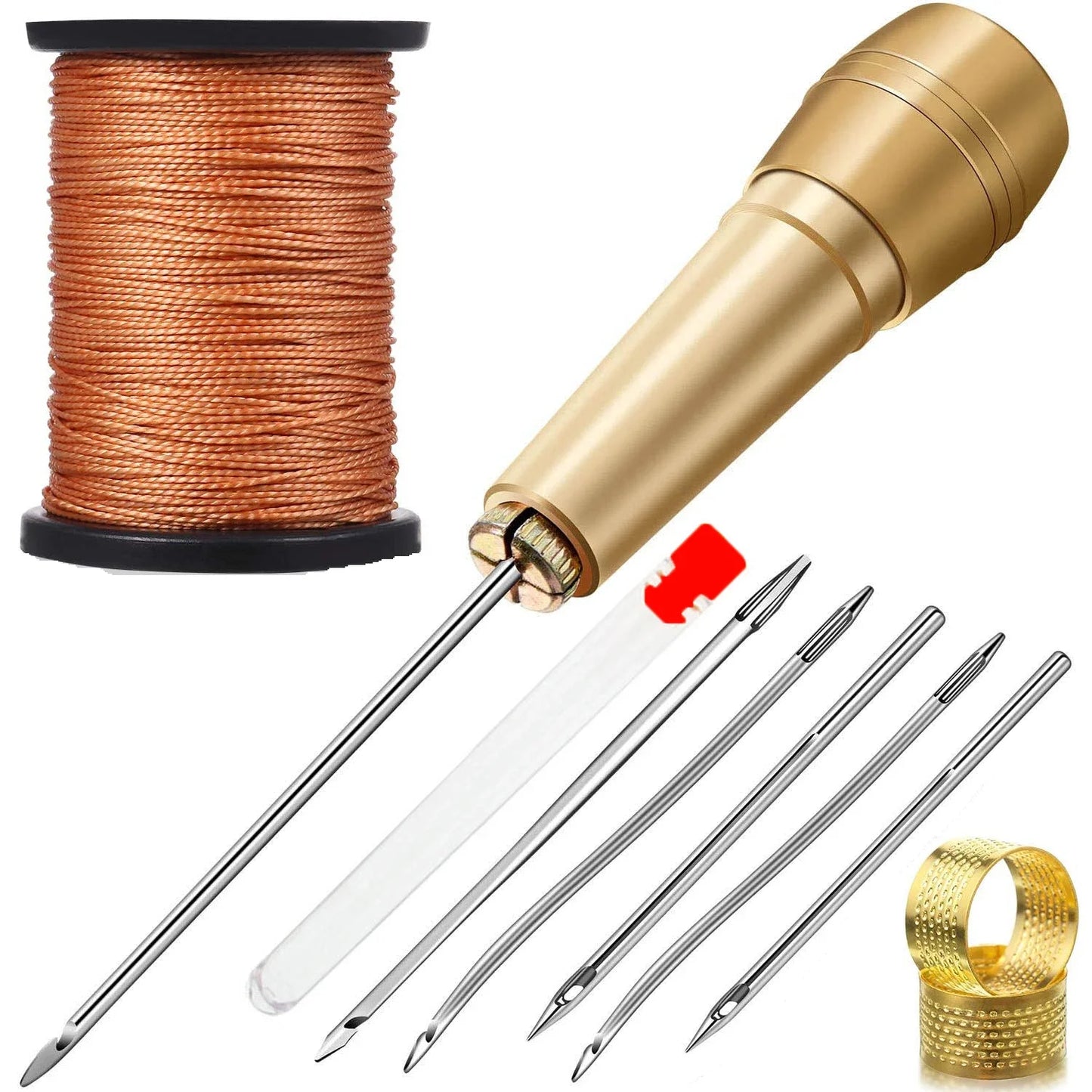 Leather Sewing Kit DIY Leather Sewing Awl Needle kit with Copper Handle Leather Shoes Repairing Tool w/ Black/Brown/White Thread Leedoar