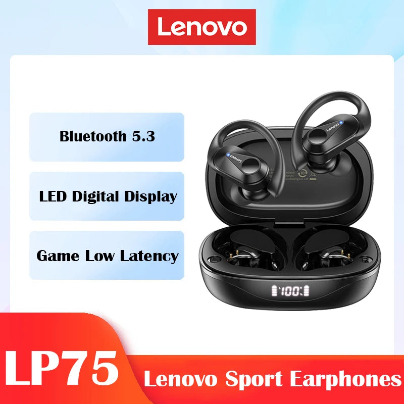 Lenovo LP75 TWS com microfones Fones de ouvido esportivos Bluetooth 5.3 Fones de ouvido sem fio HiFi estéreo à prova d'água com redução de ruído 