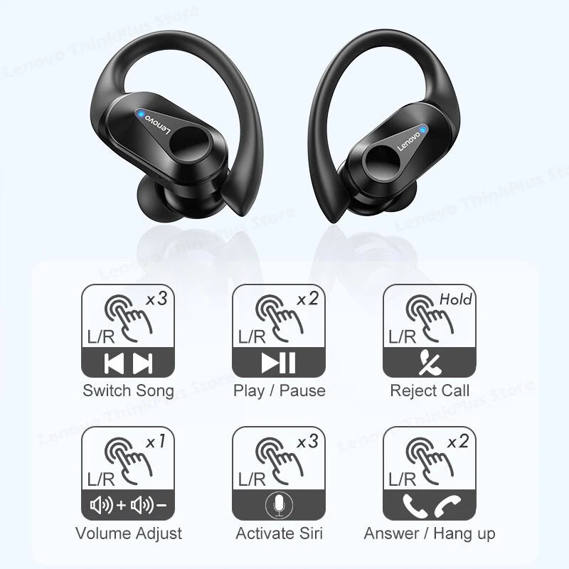 Auriculares deportivos Lenovo LP75 TWS con micrófono, inalámbricos por Bluetooth 5.3, estéreo de alta fidelidad, resistentes al agua y con reducción de ruido 