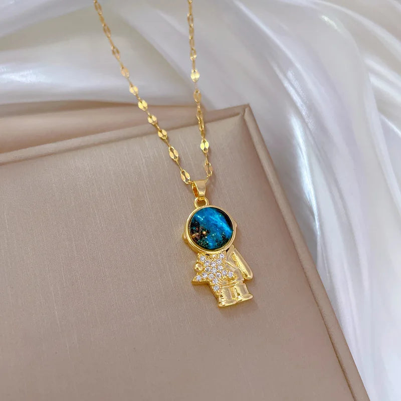 Light Luxury Titanium Steel Star Series Necklace for Women Gold Color Planet Moon Astronaut Pendant Necklaces Jewelry Gifts Leedoar