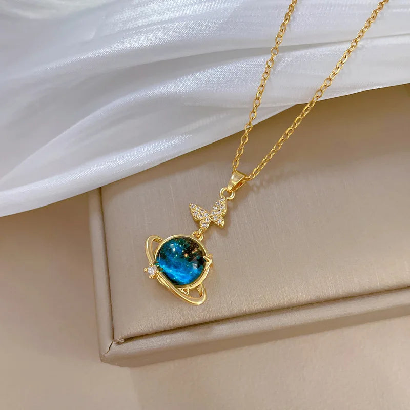 Light Luxury Titanium Steel Star Series Necklace for Women Gold Color Planet Moon Astronaut Pendant Necklaces Jewelry Gifts Leedoar