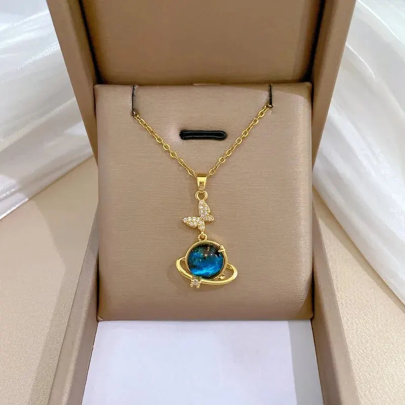 Light Luxury Titanium Steel Star Series Necklace for Women Gold Color Planet Moon Astronaut Pendant Necklaces Jewelry Gifts Leedoar
