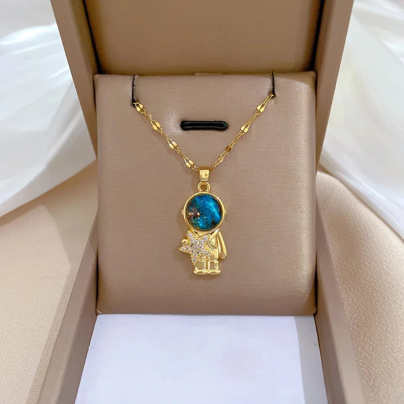 Light Luxury Titanium Steel Star Series Necklace for Women Gold Color Planet Moon Astronaut Pendant Necklaces Jewelry Gifts Leedoar