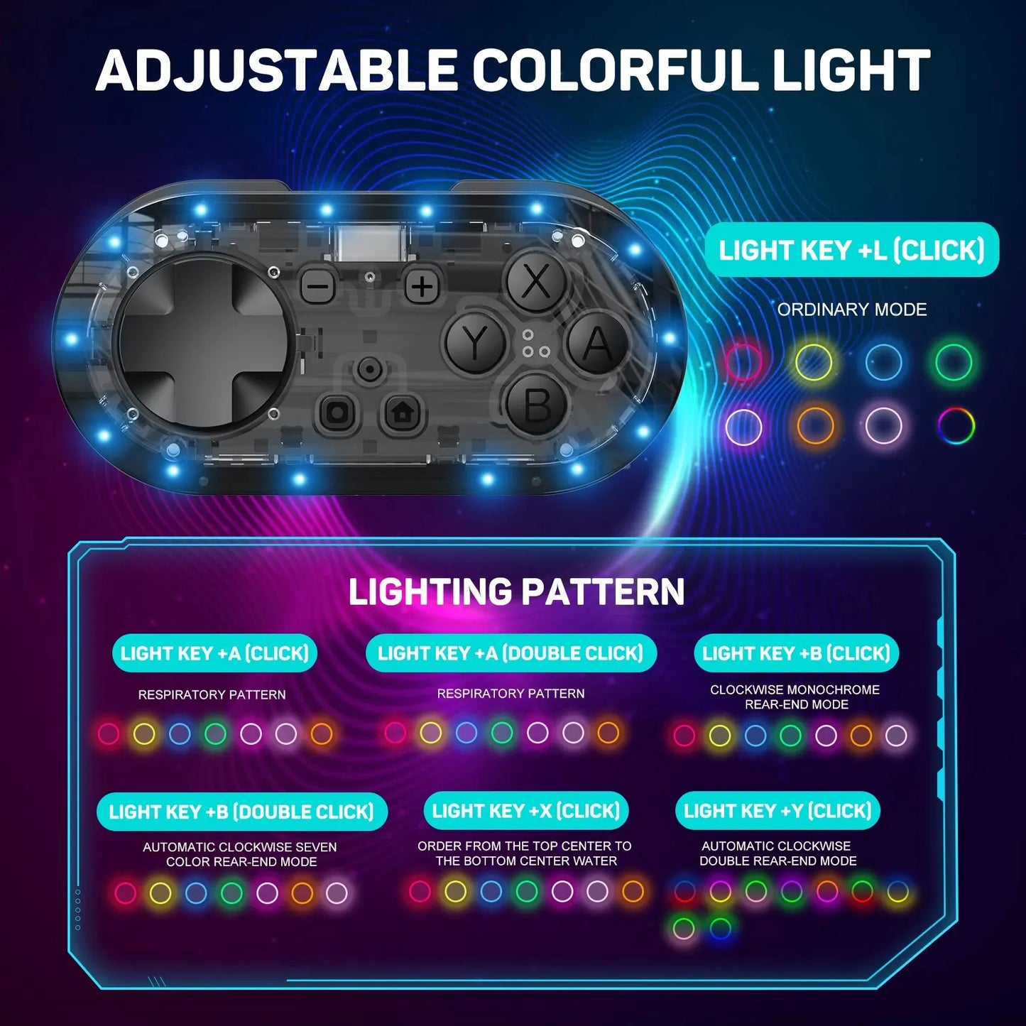 Minicontrolador inalámbrico con llavero de tamaño pequeño con luz de meteorito LinYuvo para Switch, Lite y OLED, Windows, Android y MacOS con luces LED 