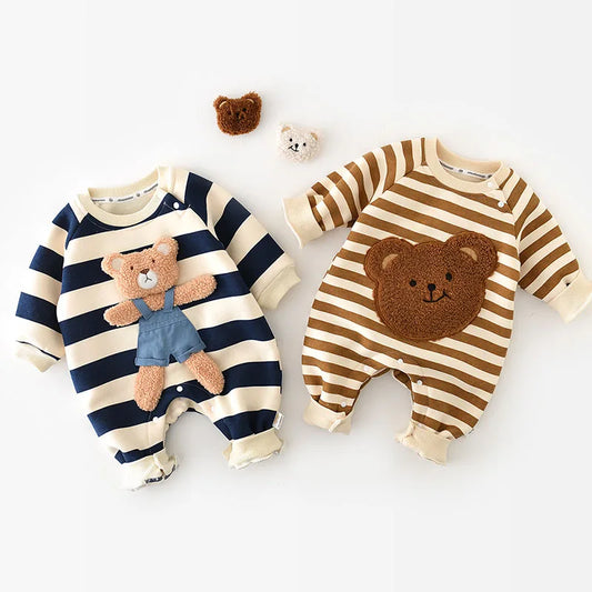 MILANCEL Thicken Lining Boys Baby Rompers Striped Cartoon Girls Jumpsuits Bear Outfit Leedoar