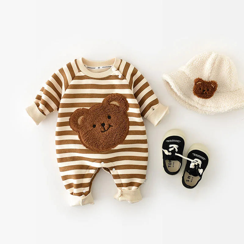 MILANCEL Thicken Lining Boys Baby Rompers Striped Cartoon Girls Jumpsuits Bear Outfit Leedoar