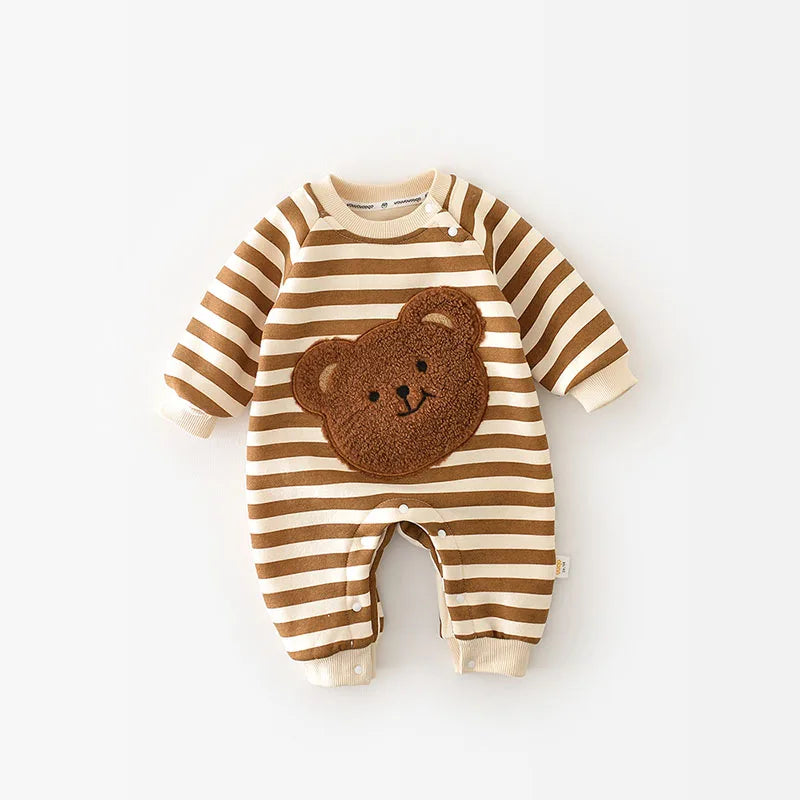 MILANCEL Thicken Lining Boys Baby Rompers Striped Cartoon Girls Jumpsuits Bear Outfit Leedoar