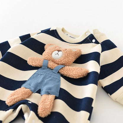 MILANCEL Thicken Lining Boys Baby Rompers Striped Cartoon Girls Jumpsuits Bear Outfit Leedoar