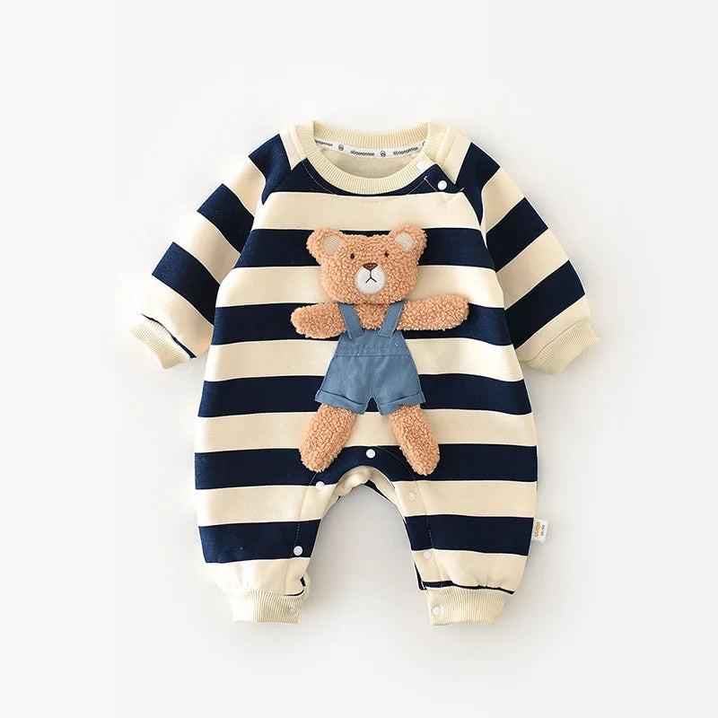 MILANCEL Thicken Lining Boys Baby Rompers Striped Cartoon Girls Jumpsuits Bear Outfit Leedoar