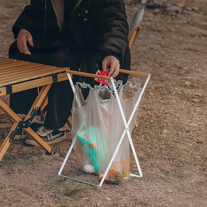 Suporte de alça de madeira para acampamento ao ar livre MOUNTAINHIKER, prateleira dobrável para armazenamento de detritos de cozinha, saco de lixo de plástico portátil 