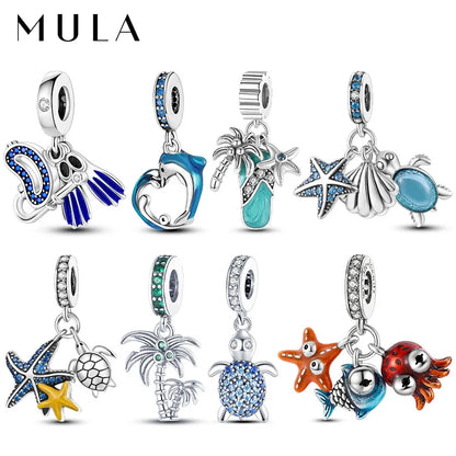 MULA 1PC Charms de árbol de coco con forma de tortuga marina bañados en plata para pulseras originales, joyería DIY para mujer 