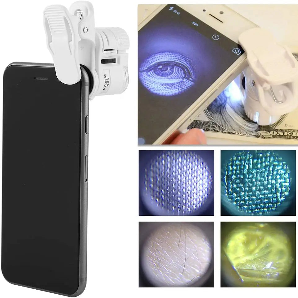 Magnifying Glass with Light 60x Zoom Microscope Magnifier LED UV Light Clip-on Micro Lens for Universal Mobile Phones Leedoar