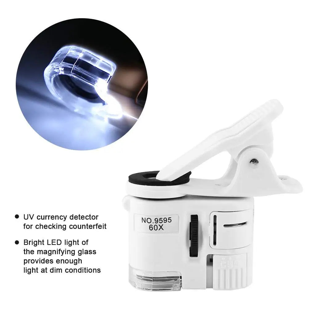 Magnifying Glass with Light 60x Zoom Microscope Magnifier LED UV Light Clip-on Micro Lens for Universal Mobile Phones Leedoar