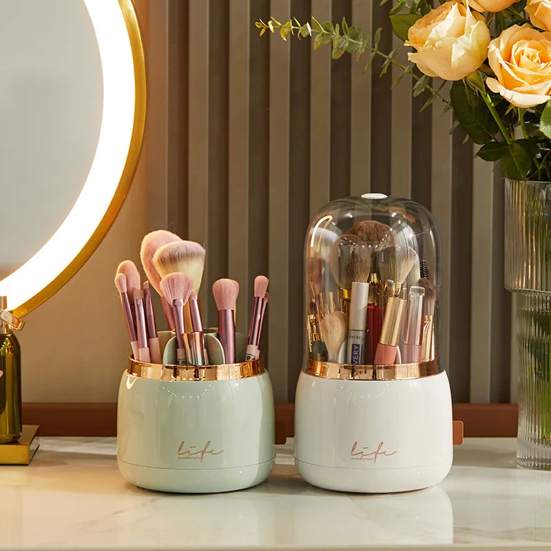 Makeup brush holder storage device with 360 degree rotation, dustproof makeup brush container, transparent acrylic cover, rotati Leedoar