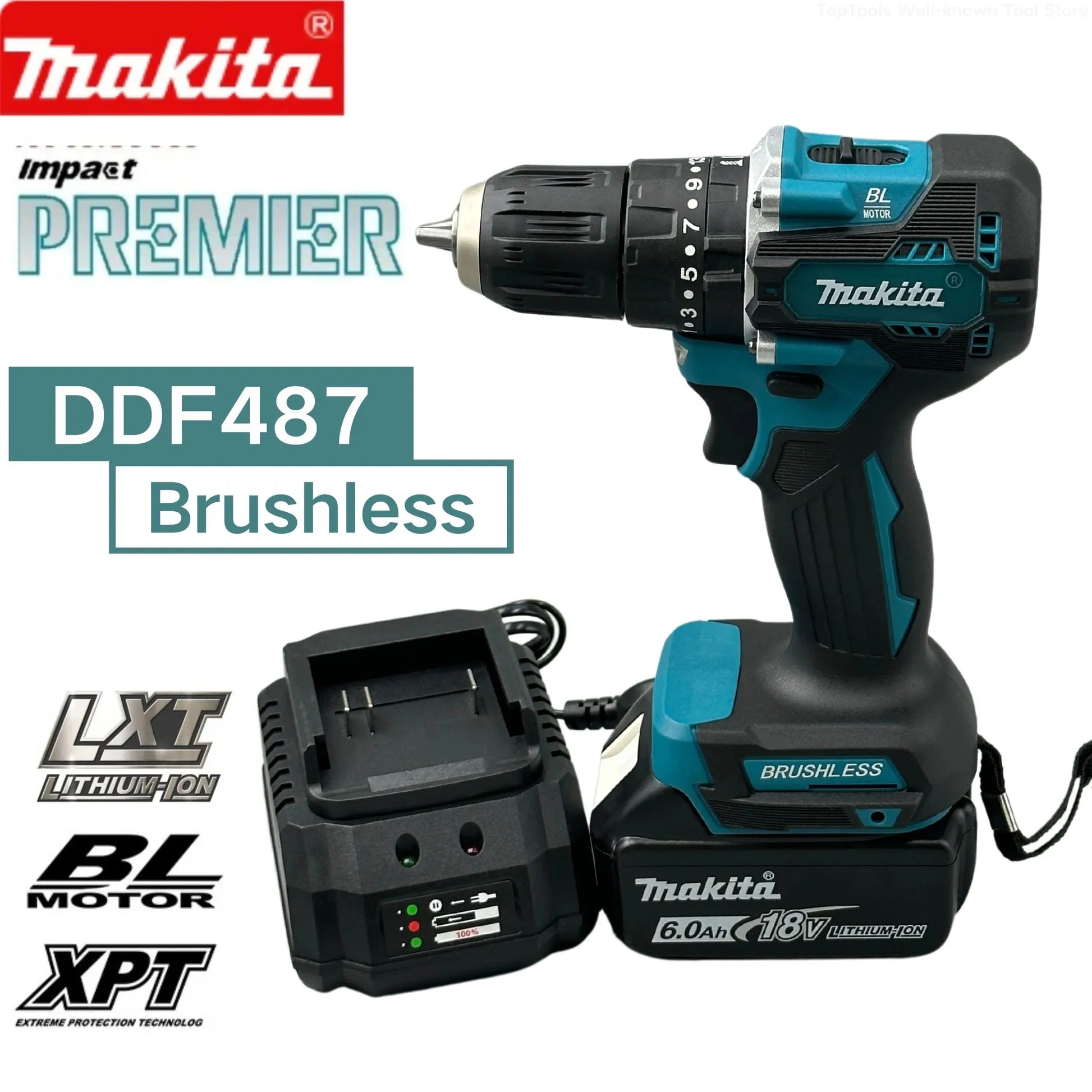 Makita DDF487 Screwdriver Cordless Percussion Drill 18V Electric Variable Speed Brushless Motor Impact Power Tools Power Drill Leedoar