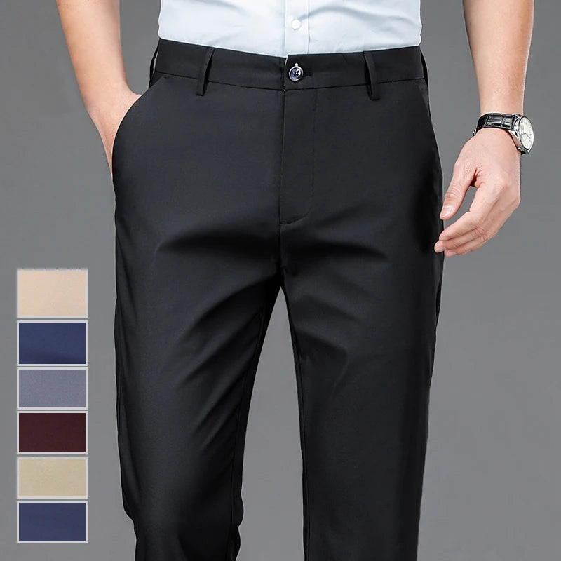 Male Pants Stretch Solid Black Smart Casual Men's Trousers Office Quick Dry Suit Pants New Spring Autumn Korean Straight Pants Leedoar