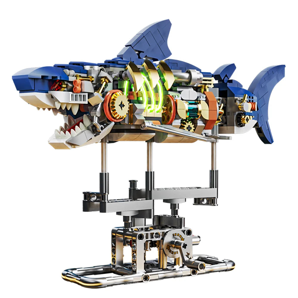 Mechanical Shark Building Set, Shark Sea Life Building Blocks Set with Display Stand and Lights, Block Gift for Kids and Adults Leedoar