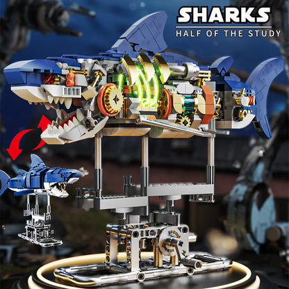 Mechanical Shark Building Set, Shark Sea Life Building Blocks Set with Display Stand and Lights, Block Gift for Kids and Adults Leedoar