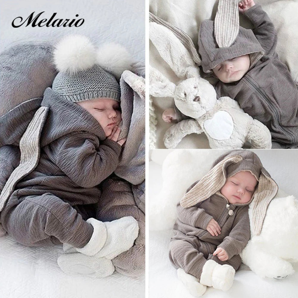 Melario Boys Long Sleeved Clothing Baby Children's Big Ears Rabbit Bodysuit Girl Baby Hooded Zipper Creeper Romper Leedoar