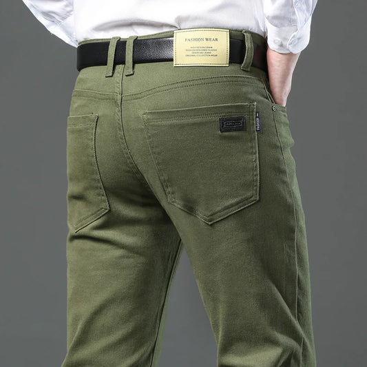 Pantalones vaqueros de color verde militar de alta calidad para hombre, pantalones ajustados de estilo clásico e informal a la moda, pantalones rectos elásticos de lujo de marca para hombre 