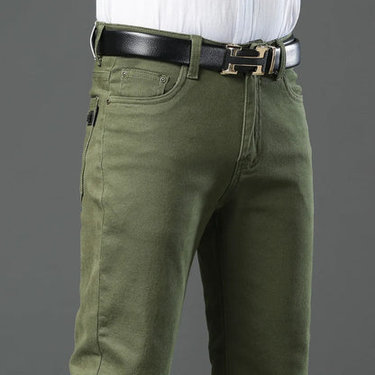 Calça Jeans Masculina de Alta Qualidade Verde Militar Moda Casual Estilo Clássico Calça Slim Fit Calça Masculina de Luxo Stretch Calça Reta 