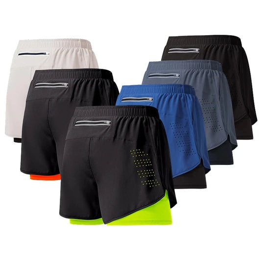 Shorts de corrida masculinos de secagem rápida fitness pretos shorts de camada dupla masculinos novos esportes treino musculação calças curtas 