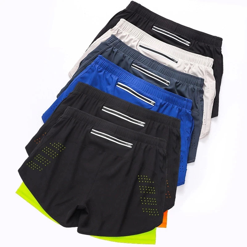 Men's Running Shorts Quick-drying Fitness Black Double Layer Shorts Men New Sport Workout Training Bodybuilding Short Pants Leedoar