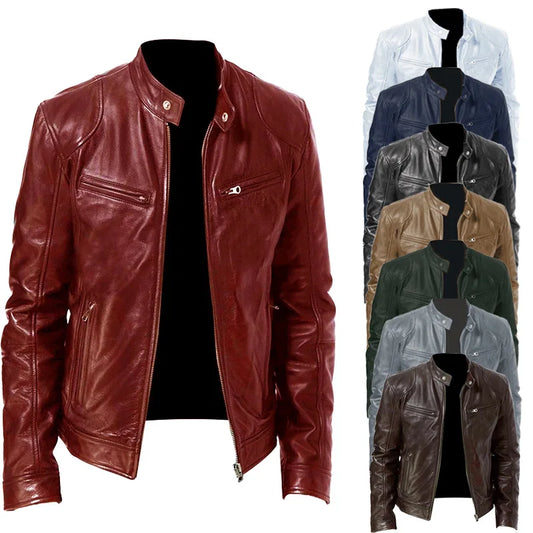 Chaqueta de cuero para motocicleta para hombre, abrigo corto ajustado con solapa, chaquetas de PU, nueva chaqueta de otoño con cremallera, abrigo de cuero resistente al viento, ropa para hombre 