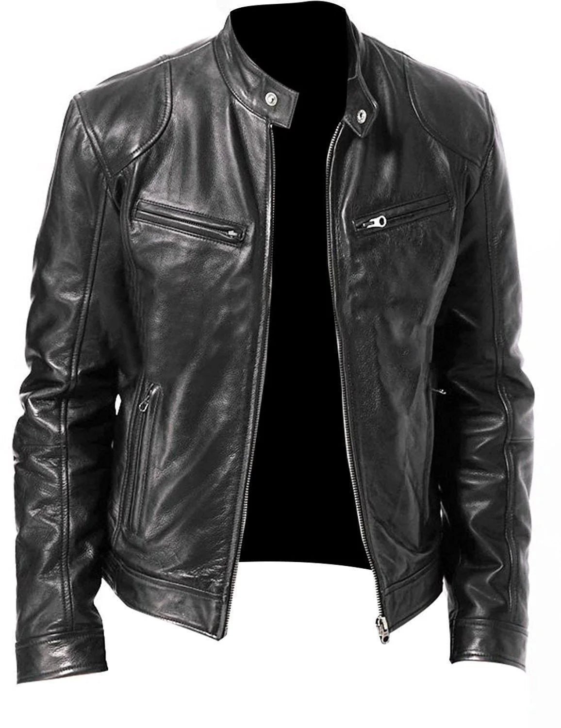 Mens Motorcycle Leather Jacket Slim Fit Short-Coat Lapel PU Jackets Autumn New Zipper Stand Windproof Leather Coat Mens Clothing Leedoar