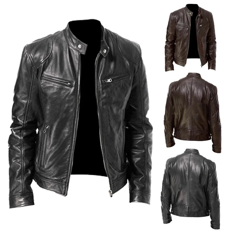 Mens Motorcycle Leather Jacket Slim Fit Short-Coat Lapel PU Jackets Autumn New Zipper Stand Windproof Leather Coat Mens Clothing Leedoar