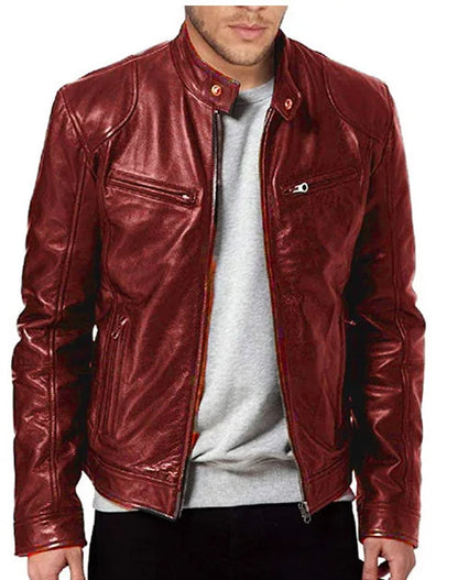 Mens Motorcycle Leather Jacket Slim Fit Short-Coat Lapel PU Jackets Autumn New Zipper Stand Windproof Leather Coat Mens Clothing Leedoar