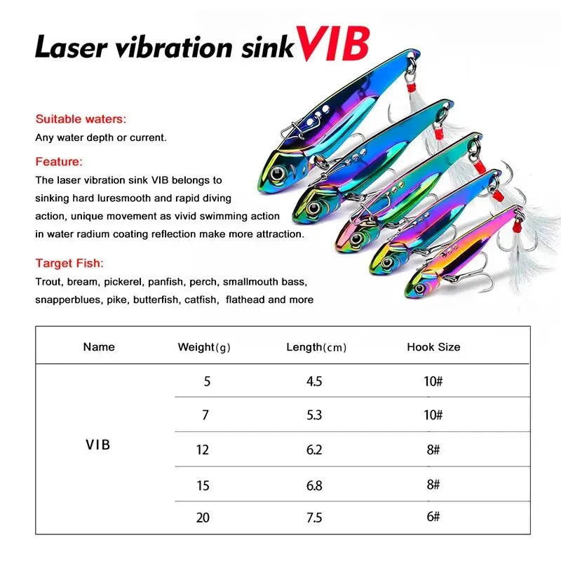 Metal VIB All Water Layer Long Throw 20g Colorido Vibração Lantejoulas Artificial 3D Olhos Afiados Trible Gancho Para Pesca De Baixo Tackles 